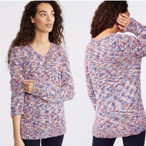 Lou & Grey Loft Red Blue Chunky Knit V Neck Sweater Wool Blend Womens Small - Picture 1 of 6